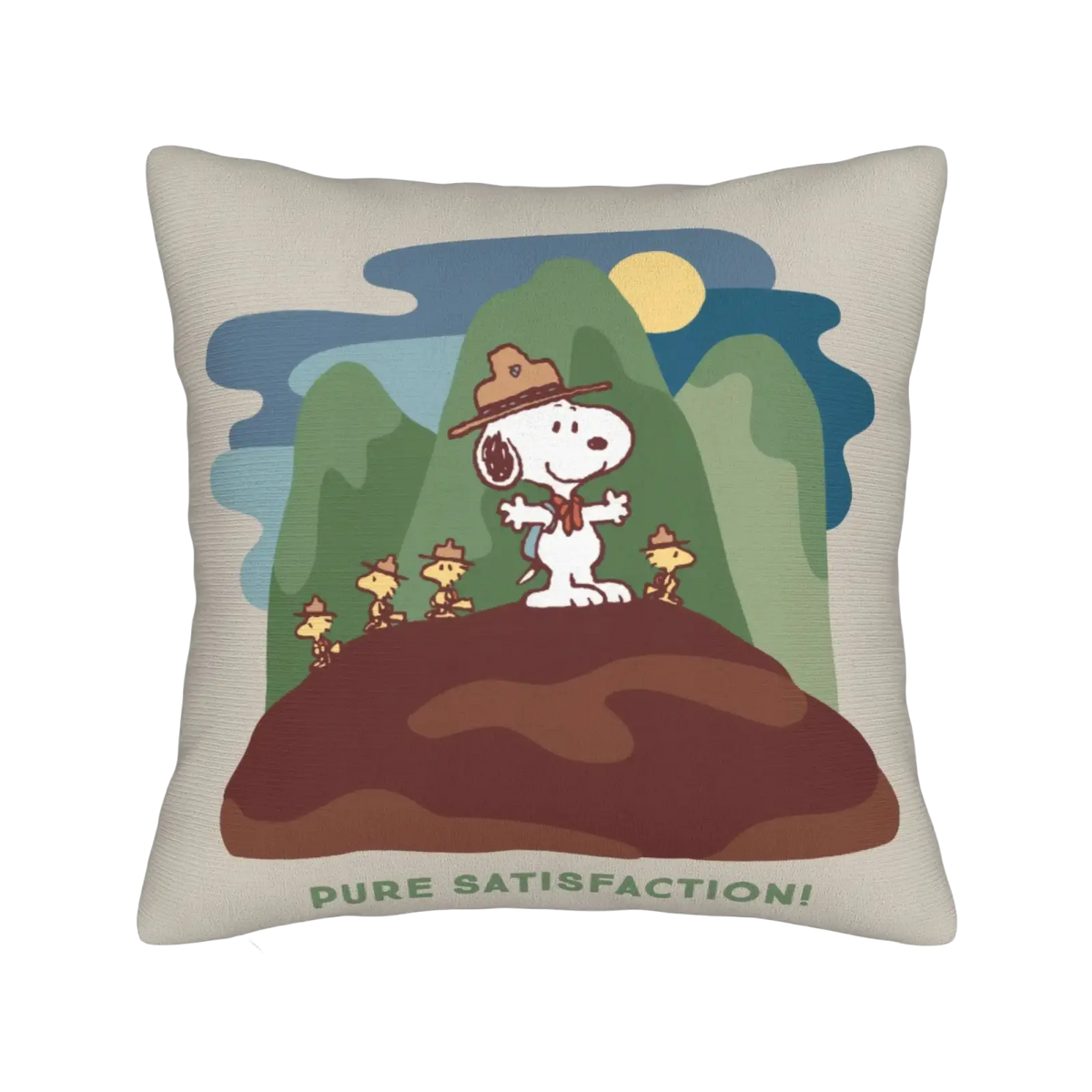 Beige Peanuts Snoopy Valentine pillow cover featuring cartoon Snoopy in scout hat with Woodstock and green mountains background