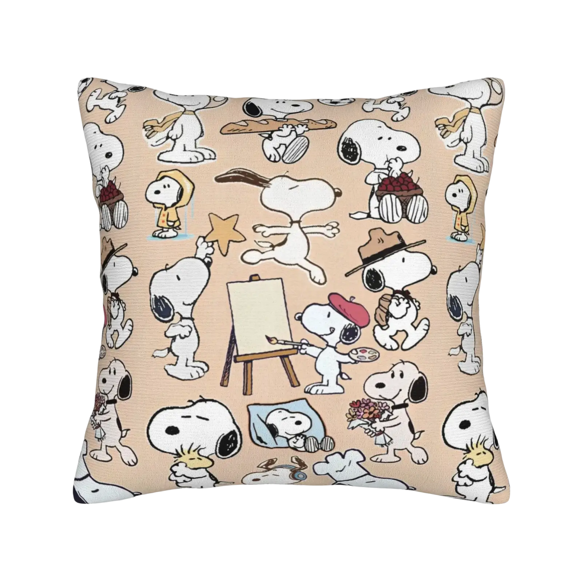 Beige throw pillow with a repeating pattern of snoopy in whimsical poses for peanuts snoopy valentine pillow cover