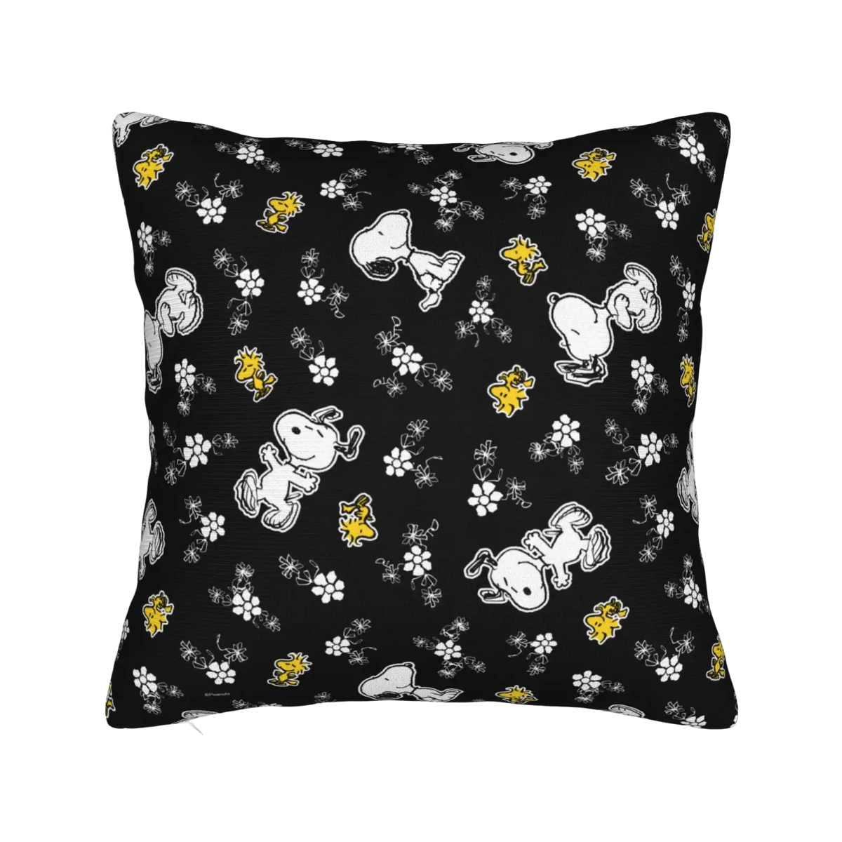 Black cushion Peanuts Snoopy Valentine pillow cover with white and yellow Snoopy and Woodstock floral pattern