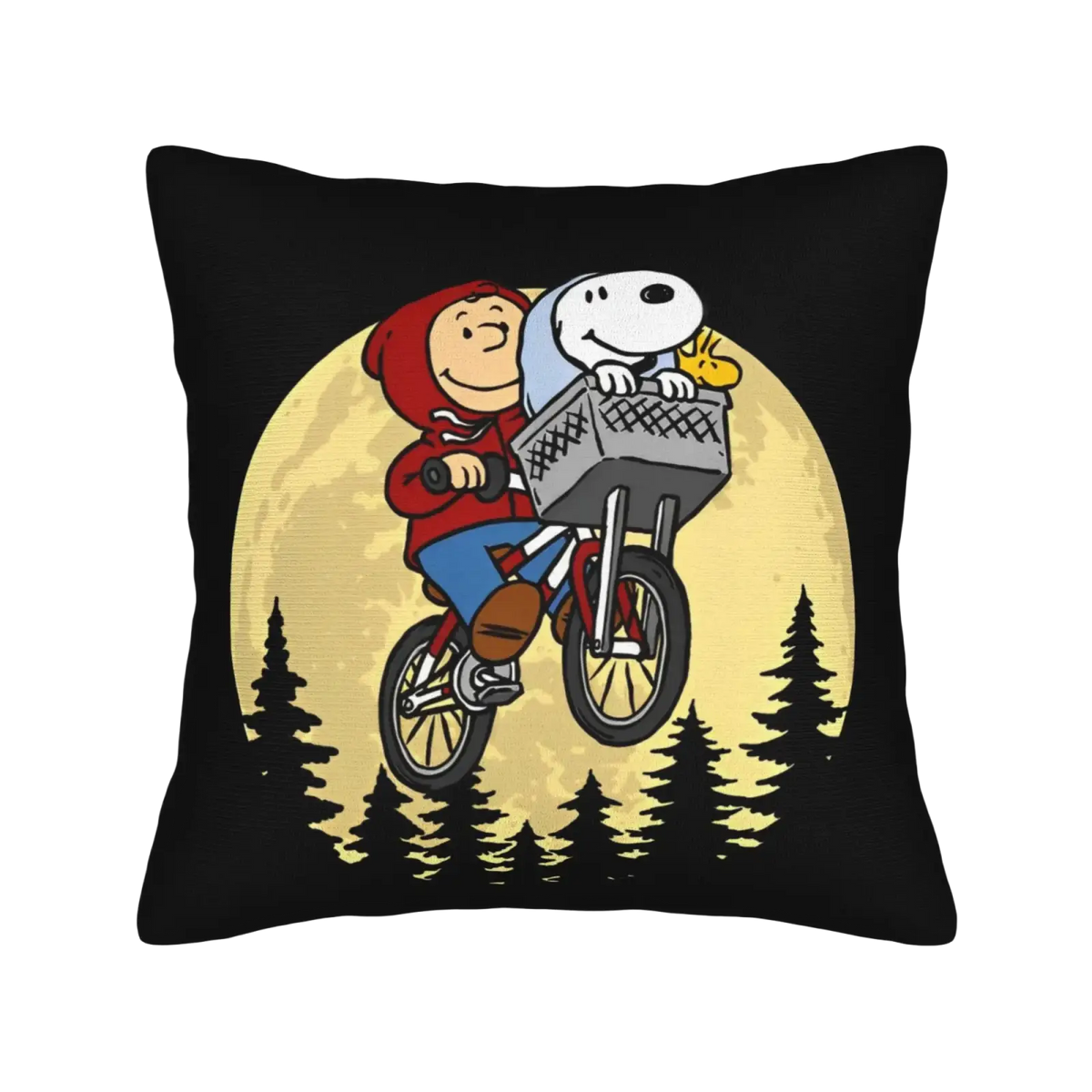 Black throw pillow cover featuring cartoon illustration of charlie brown and snoopy riding a bicycle with moon background