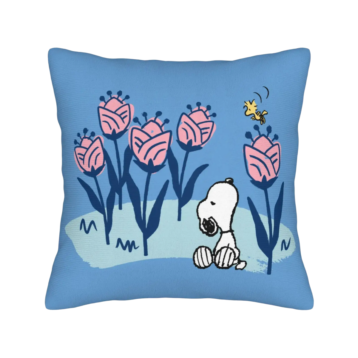 Blue cushion featuring snoopy sitting among pink tulips with woodstock flying nearby in peanuts valentine pillow cover