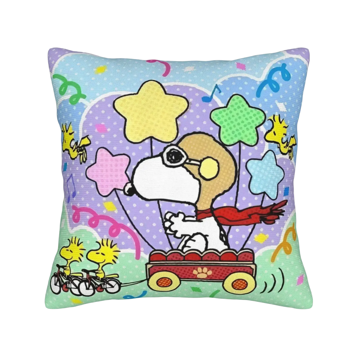 Peanuts snoopy valentine pillow cover with colorful snoopy in hot air balloon and yellow woodstock on soft fabric surface