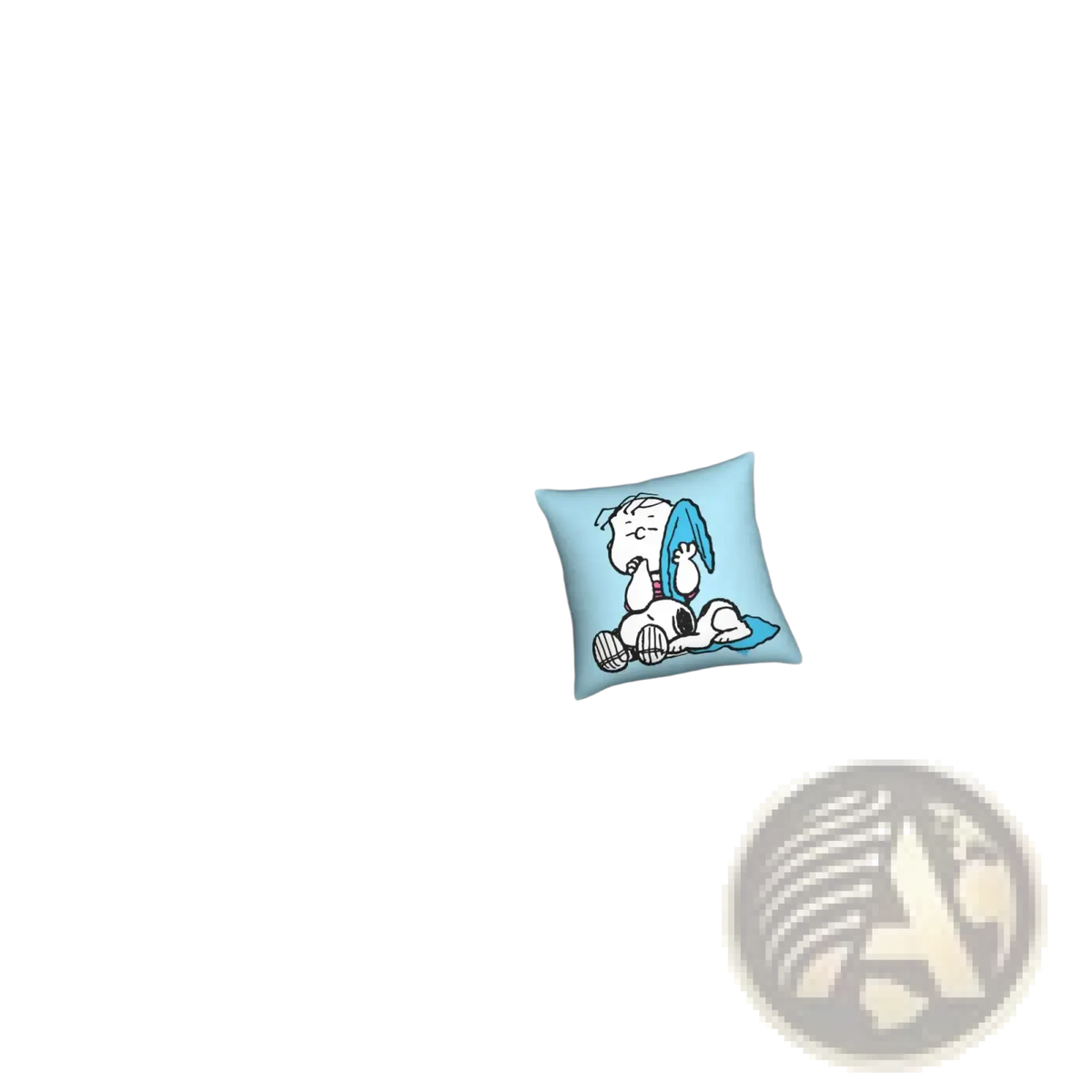 Light blue peanuts snoopy valentine pillow cover with cartoon snoopy in blue ears and scarf on gray couch