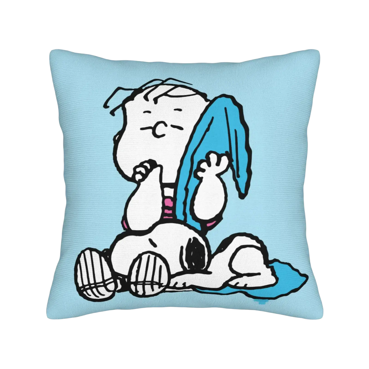 Light blue square pillow cover featuring a cartoon illustration of Lucy and Snoopy from Peanuts Valentine collection