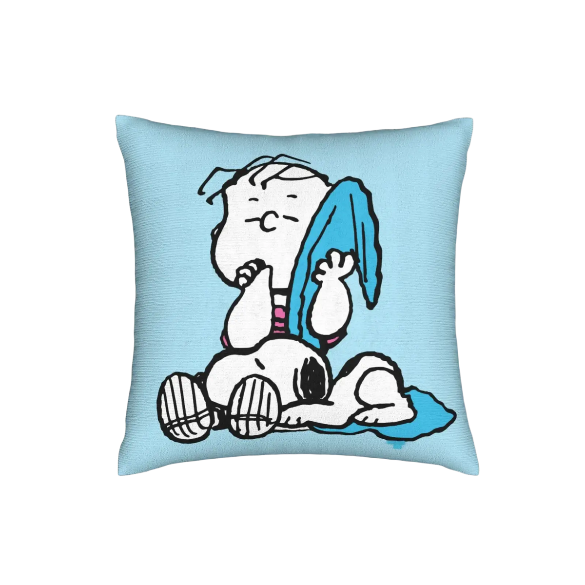 Light blue square pillow cover featuring a cartoon snoopy and woodstock illustration from peanuts valentine collection