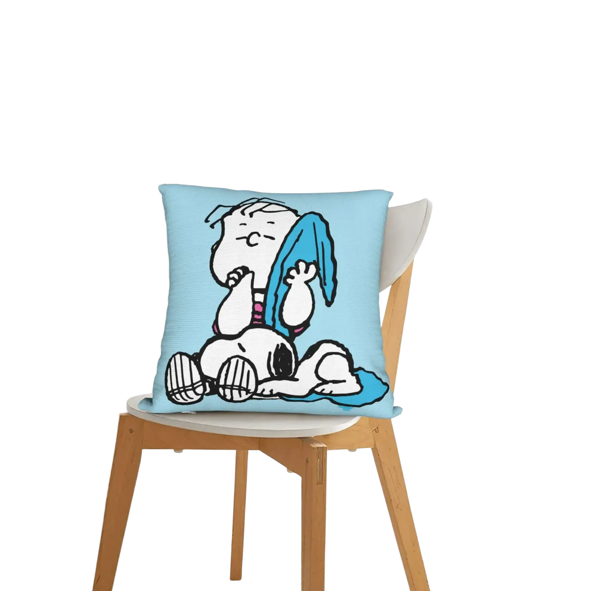 Light blue square pillow cover featuring a cartoon illustration of Peanuts snoopy and woodstock for valentine decor