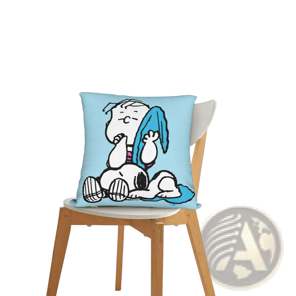 Light blue square pillow cover featuring a cartoon illustration of Peanuts snoopy and woodstock for valentine decor
