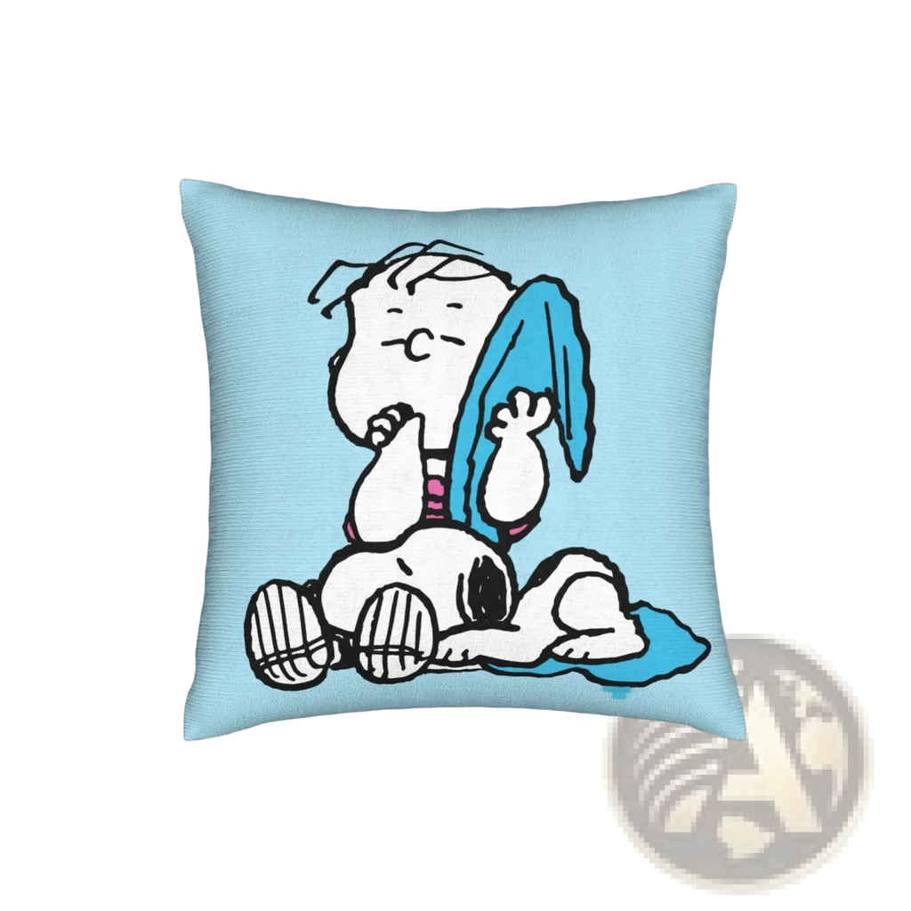 Light blue square pillow cover featuring a cartoon snoopy and woodstock illustration from peanuts valentine collection