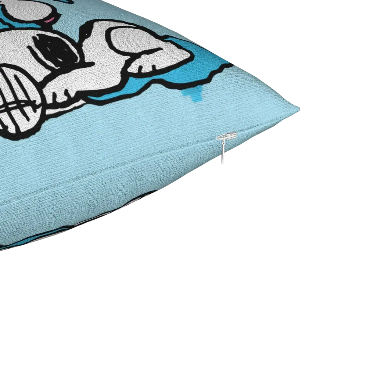 Light blue pillow cover featuring a textured fabric with cartoon snoopy design and pink accents for valentine decor