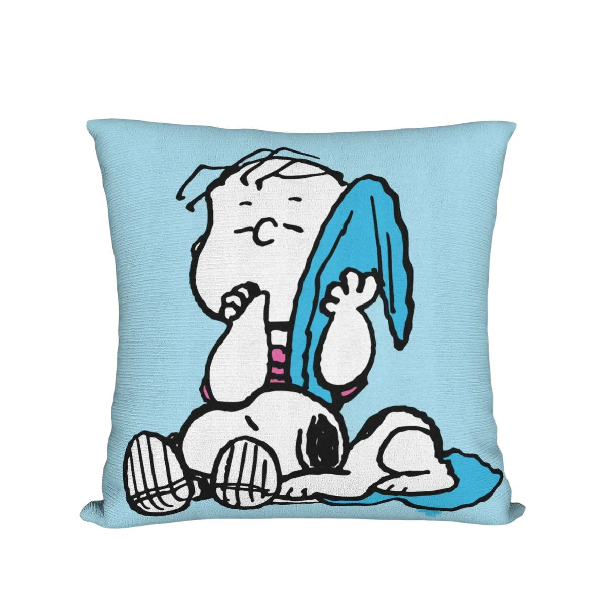 Light blue woven throw pillow featuring a cartoon illustration of snoopy and woodstock for valentine decor