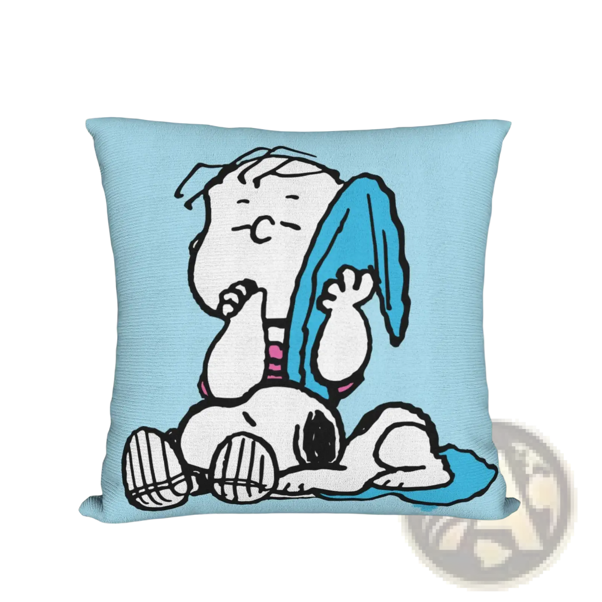 Light blue woven throw pillow featuring a cartoon illustration of snoopy and woodstock for valentine decor