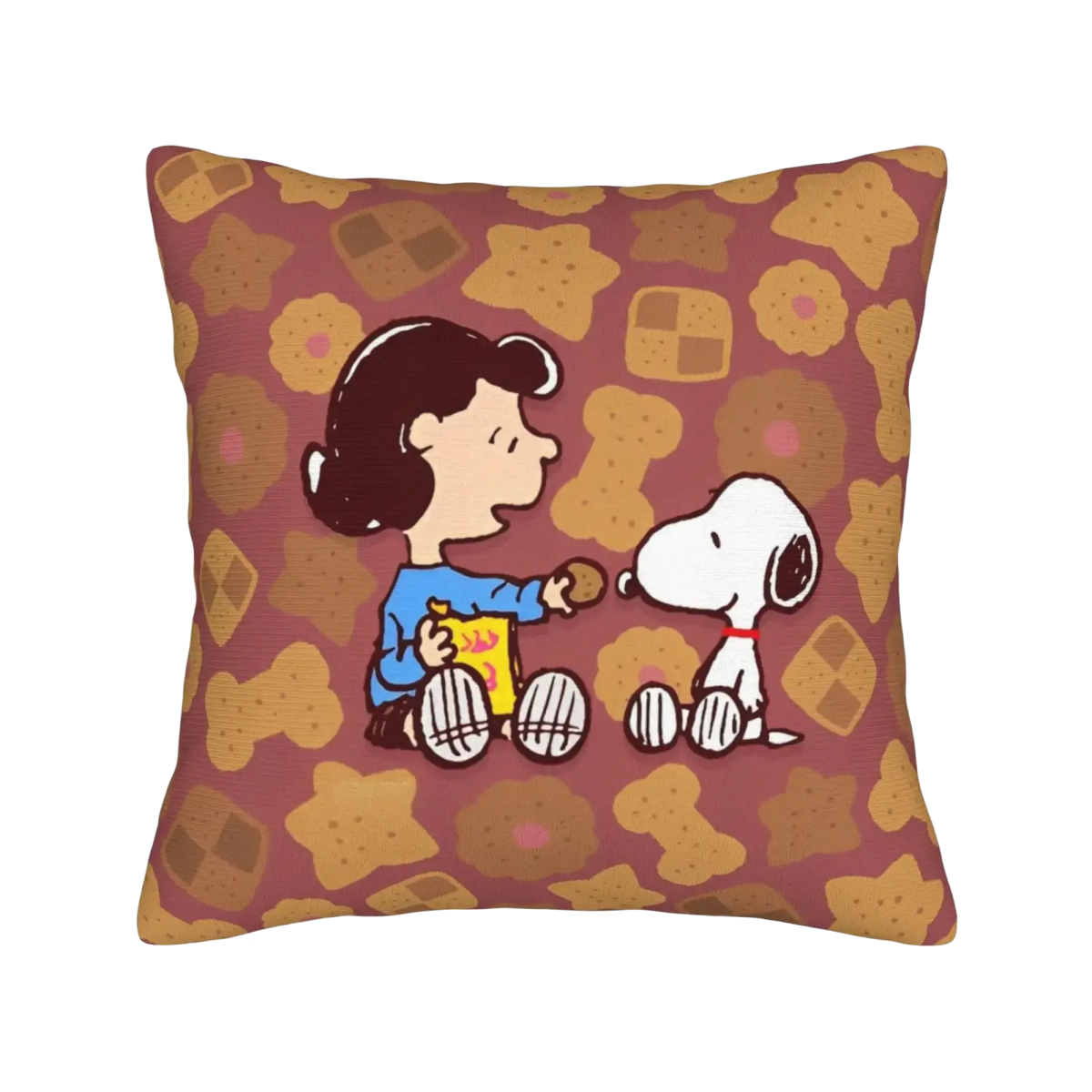 A maroon Peanuts Snoopy Valentine pillow cover featuring Lucy and Snoopy sharing cookies with biscuit patterns