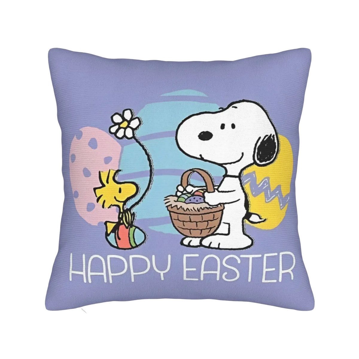 Purple cotton Peanuts Snoopy Valentine pillow cover featuring cartoon Snoopy and Woodstock with Easter design and text happy Easter