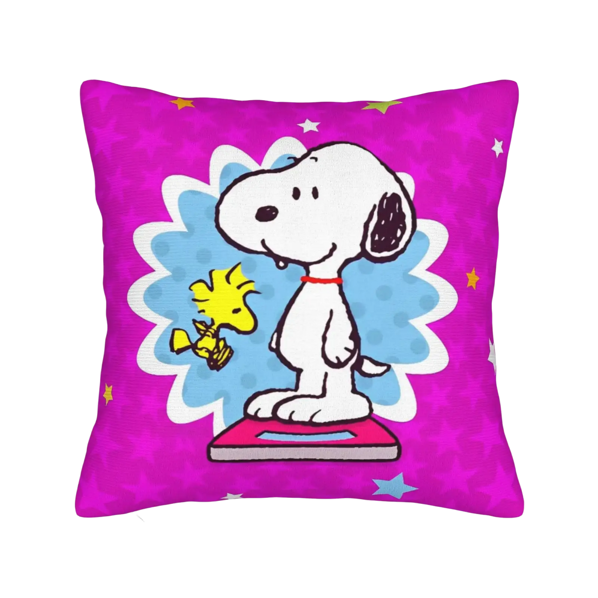 Purple Peanuts Snoopy Valentine pillow cover featuring cartoon Snoopy and Woodstock on a scale with starry background