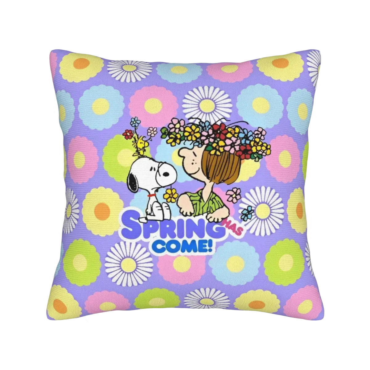 Purple Peanuts Snoopy Valentine pillow cover featuring colorful floral pattern with Snoopy Woodstock and spring has come text
