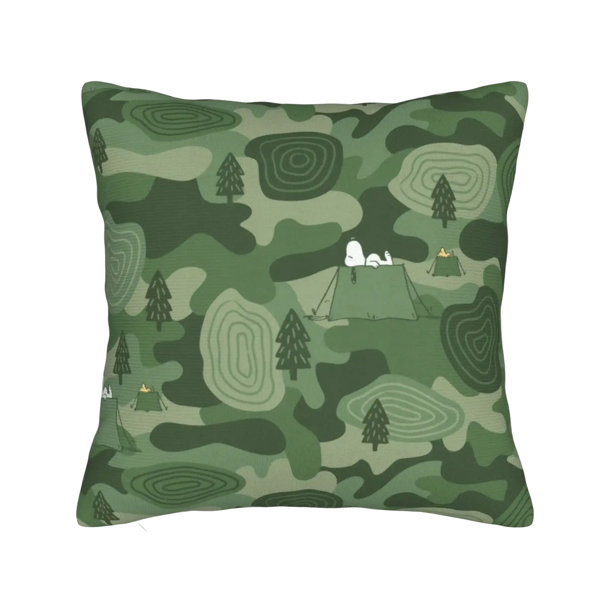 A square pillow cover featuring a green camouflage pattern with trees and snoopy camping illustrations for valentines