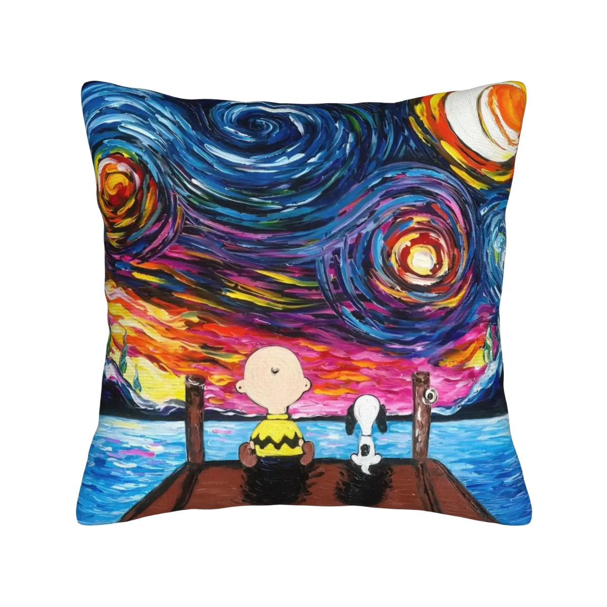 Square throw pillow with vibrant swirling night sky design featuring charlie brown and snoopy on a dock
