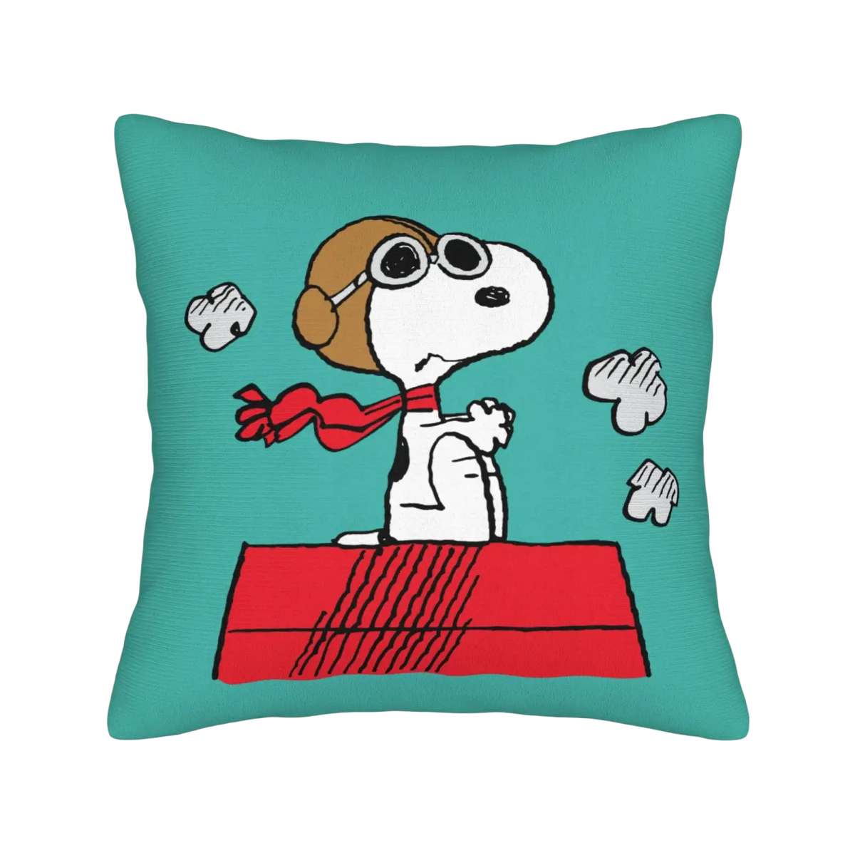 Teal throw pillow featuring cartoon snoopy in aviator outfit on red doghouse for valentine decor