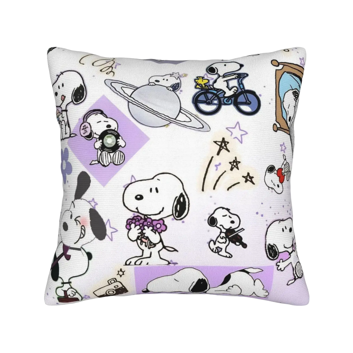 White throw pillow featuring a playful snoopy pattern with purple and black details from peanuts snoopy valentine cover