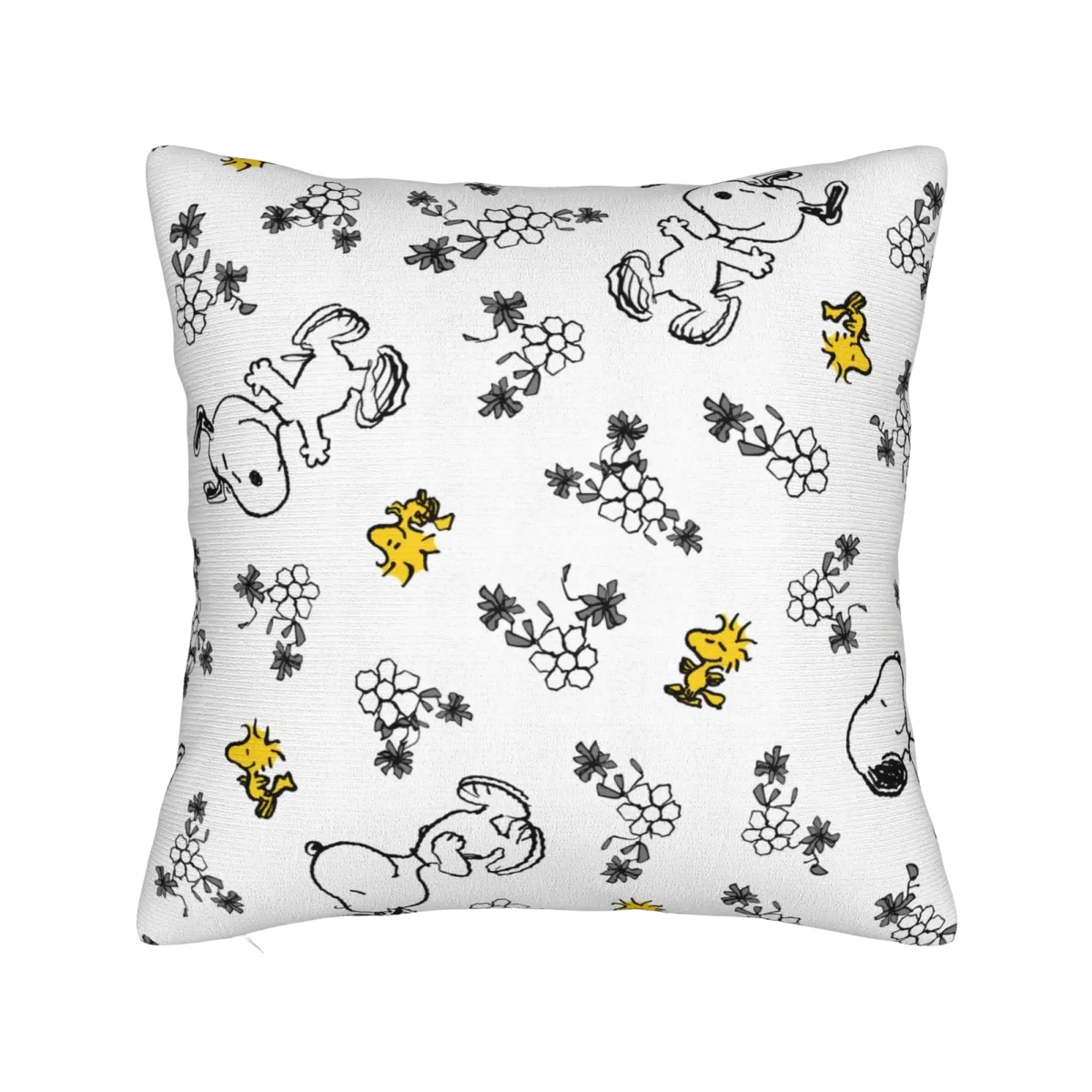 White throw pillow cover featuring black outlined Snoopy and yellow Woodstock with gray and white floral patterns
