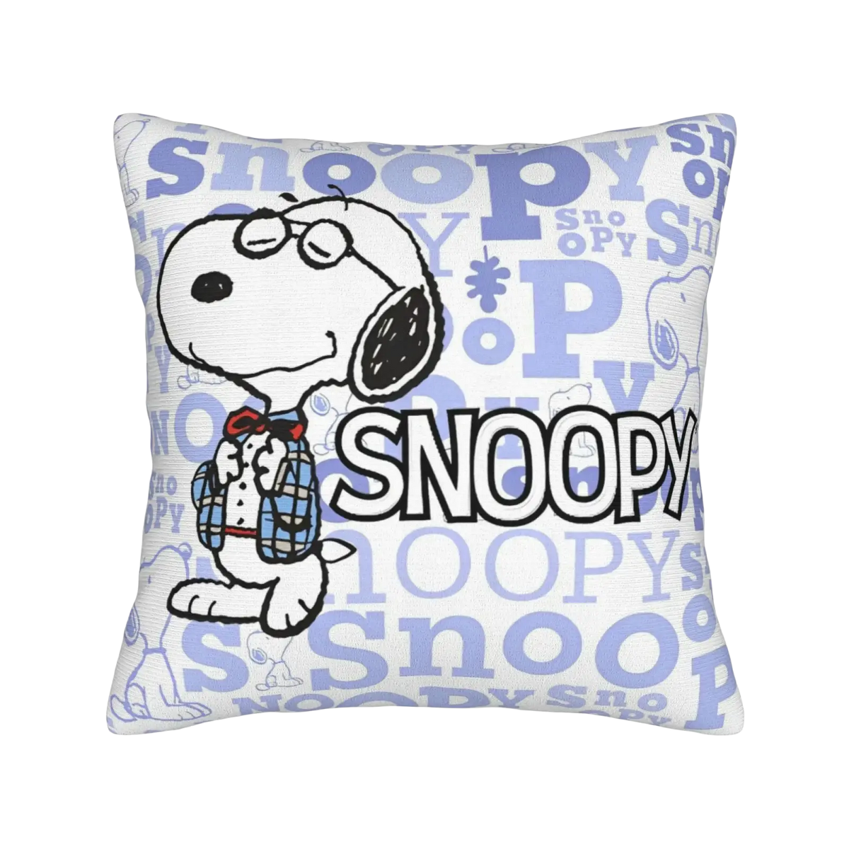 White throw pillow featuring cartoon Snoopy wearing glasses red bow tie and plaid jacket for Peanuts Valentine decor