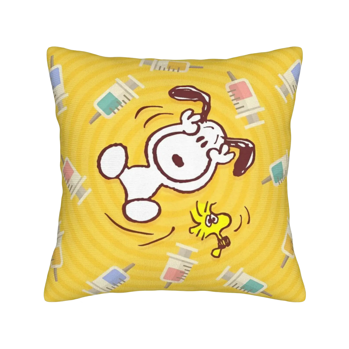 Yellow cushion featuring a cartoon illustration of Snoopy and Woodstock with syringes in a Peanuts Valentine pillow cover