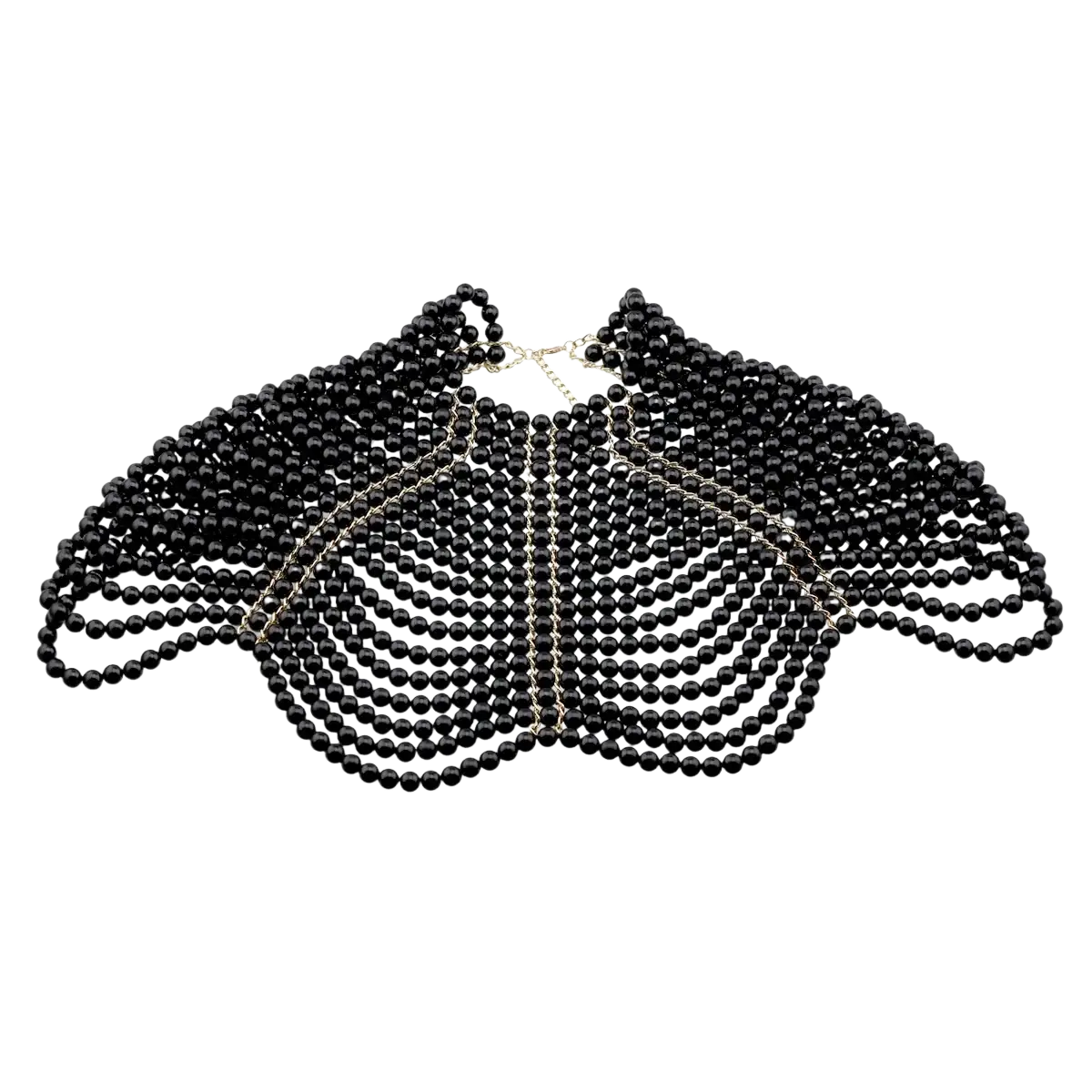 Black beaded pearl body chain fashion necklace with layered wing design and silver-toned metal chains