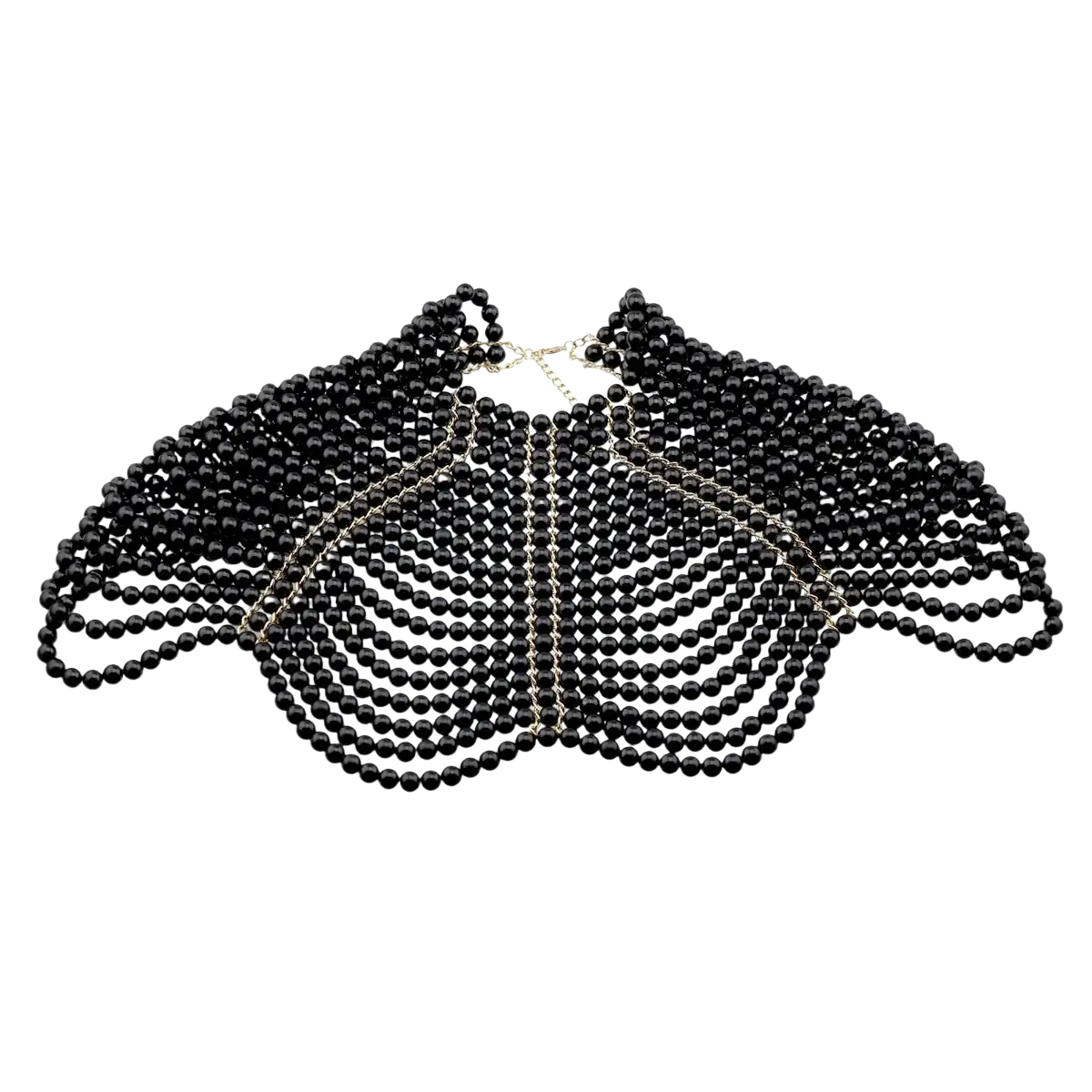 Black beaded choker necklace with butterfly design featuring glossy black pearls and silver-toned chain accents
