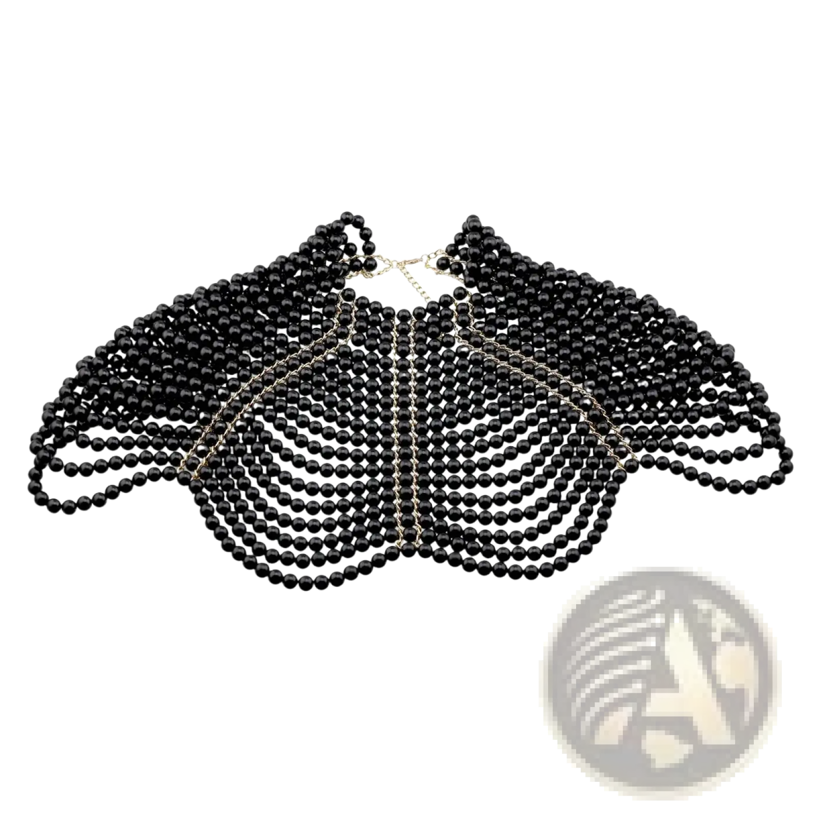 Black beaded choker necklace with butterfly design featuring glossy black pearls and silver-toned chain accents