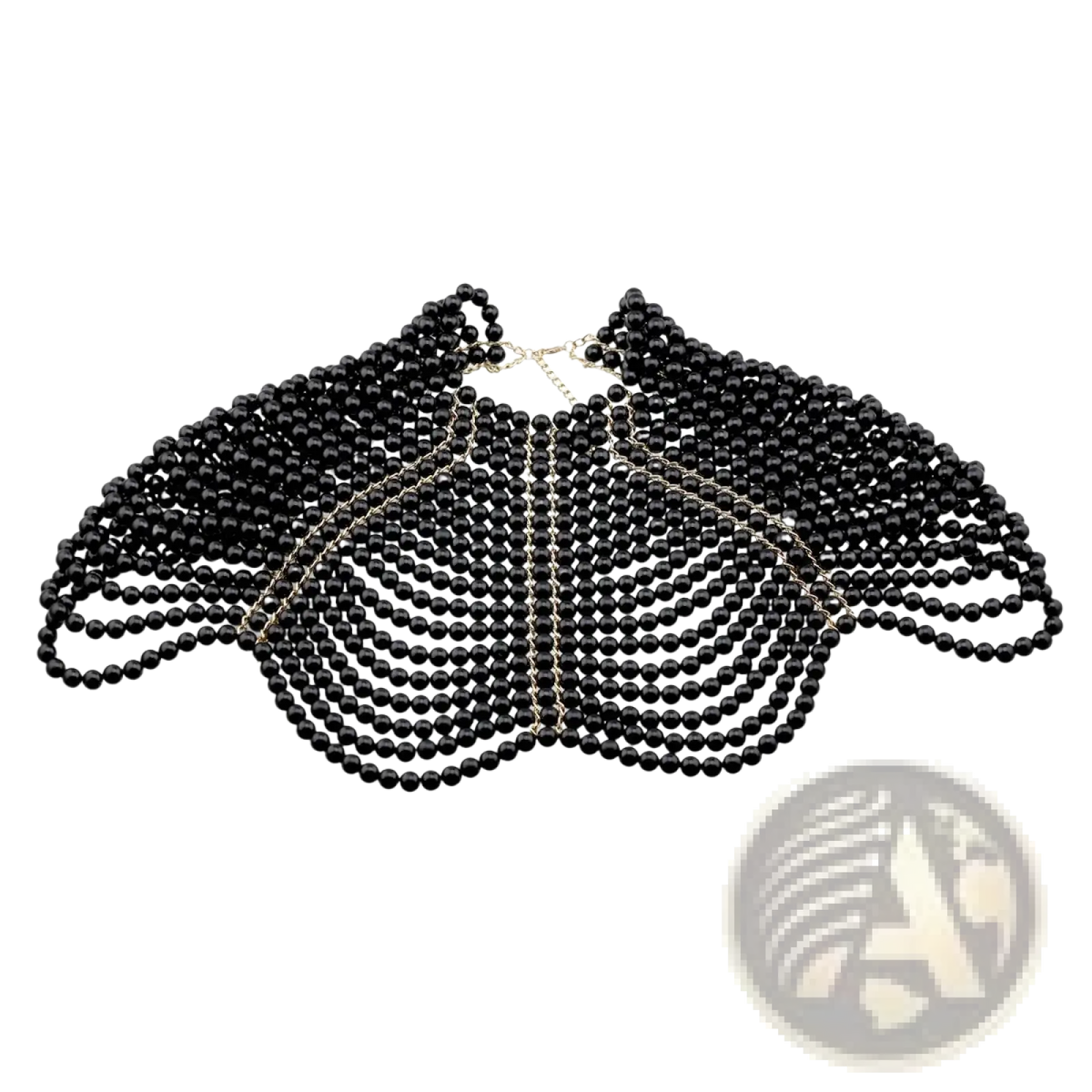 Black beaded pearl body chain fashion necklace with layered wing design and silver-toned metal chains