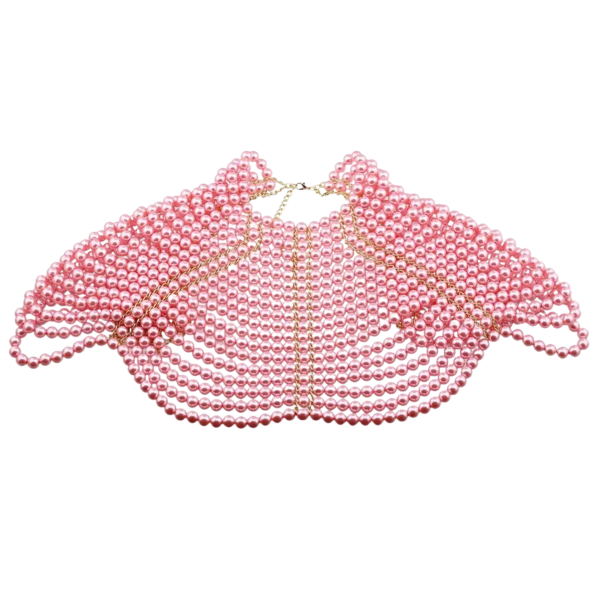 A delicate pink pearl body chain fashion necklace with layered beads and gold-toned clasp capelet design