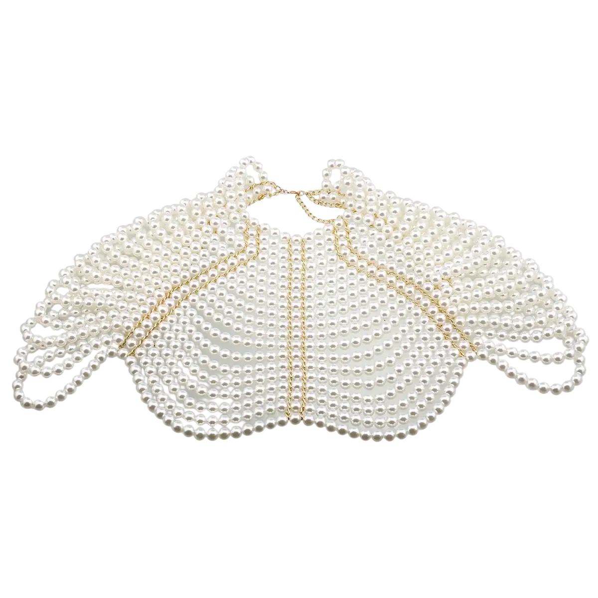 A delicate white pearl body chain fashion necklace with gold chain detailing for elegant styling