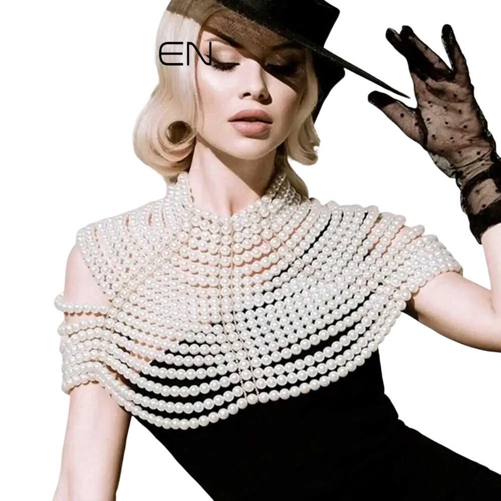 A glamorous white pearl body chain necklace with multiple rows of lustrous pearls forming a structured capelet