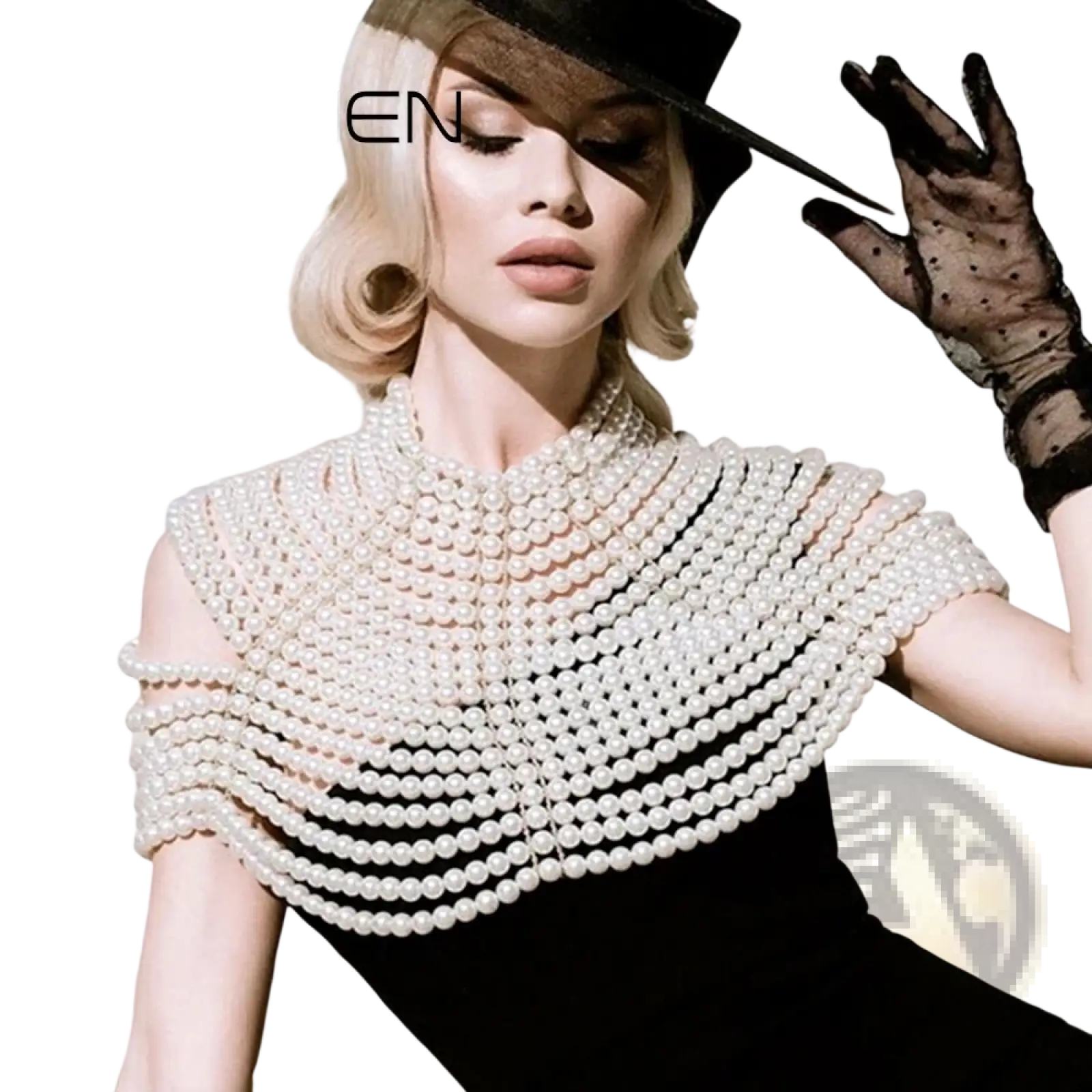 A glamorous white pearl body chain necklace with multiple rows of lustrous pearls forming a structured capelet
