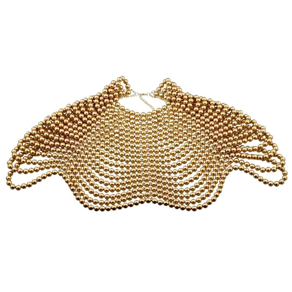 Gold-colored beaded choker necklace with layered mesh design in pearl body chain fashion necklace style