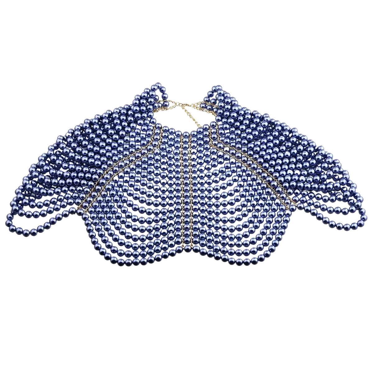 Navy blue pearl body chain fashion necklace featuring numerous small round pearls and a delicate gold chain closure