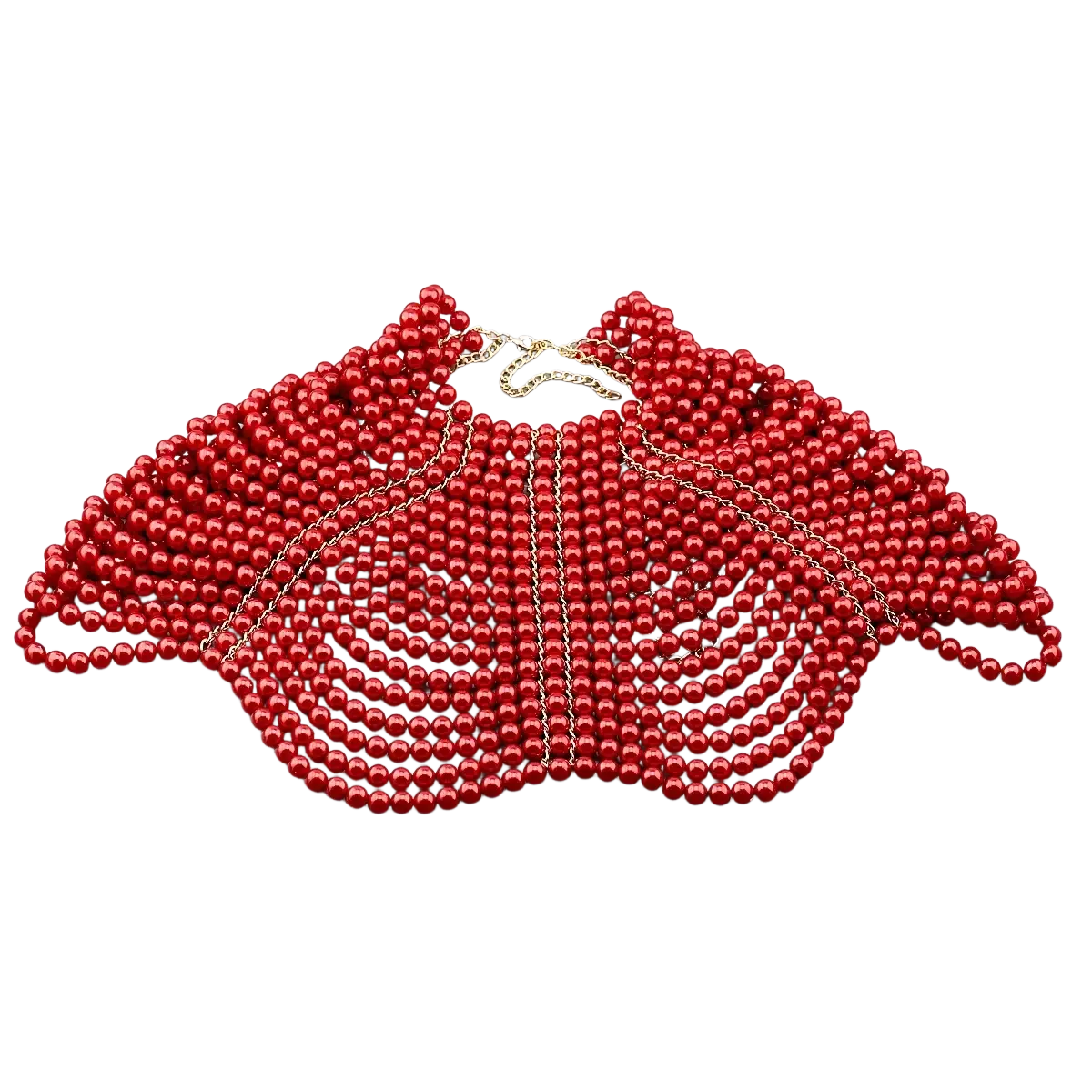 Pearl body chain fashion necklace featuring a red beaded choker with gold chain accents for stylish wear