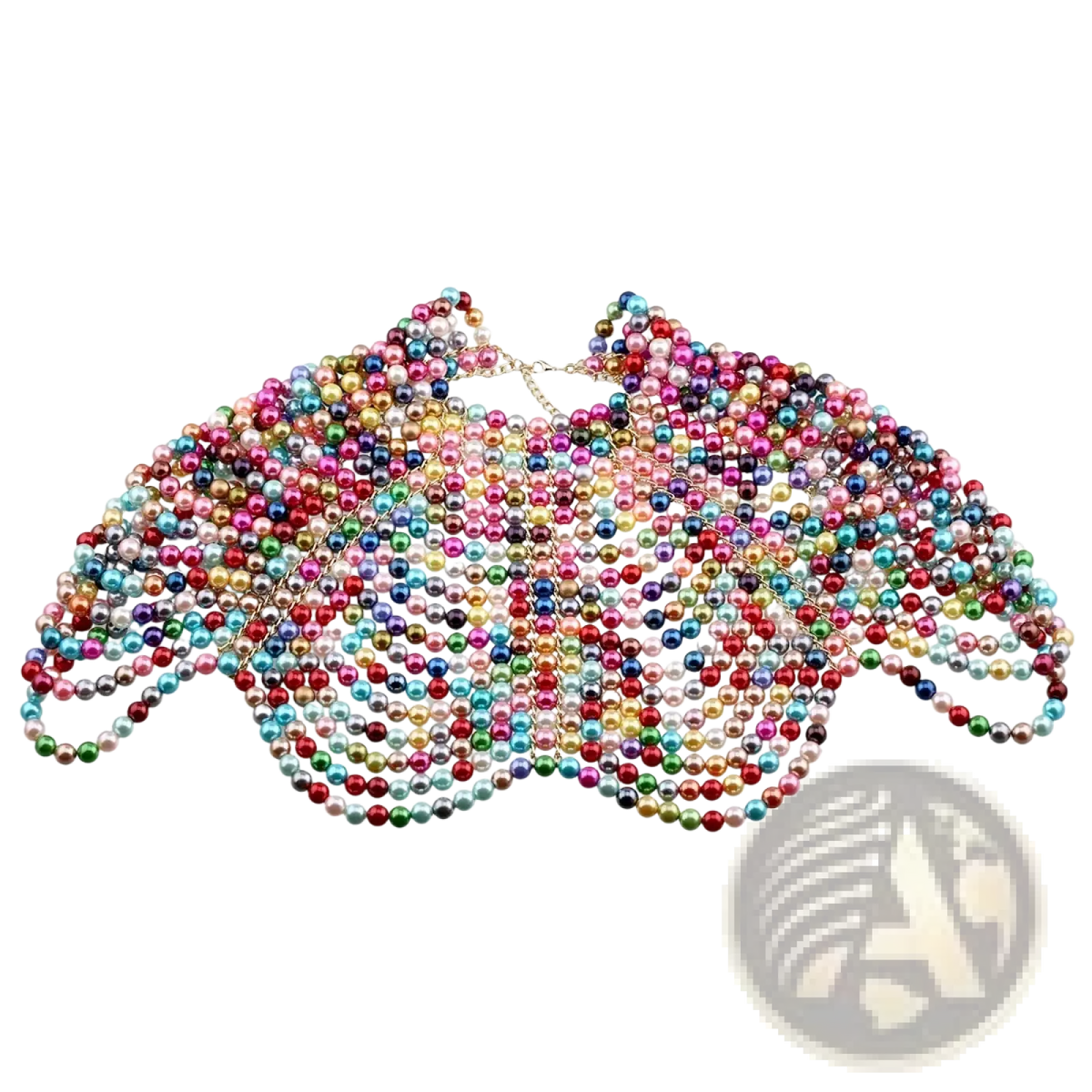 A pearl body chain fashion necklace featuring a vibrant multicolored beaded butterfly with glossy pink blue green gold and silver beads