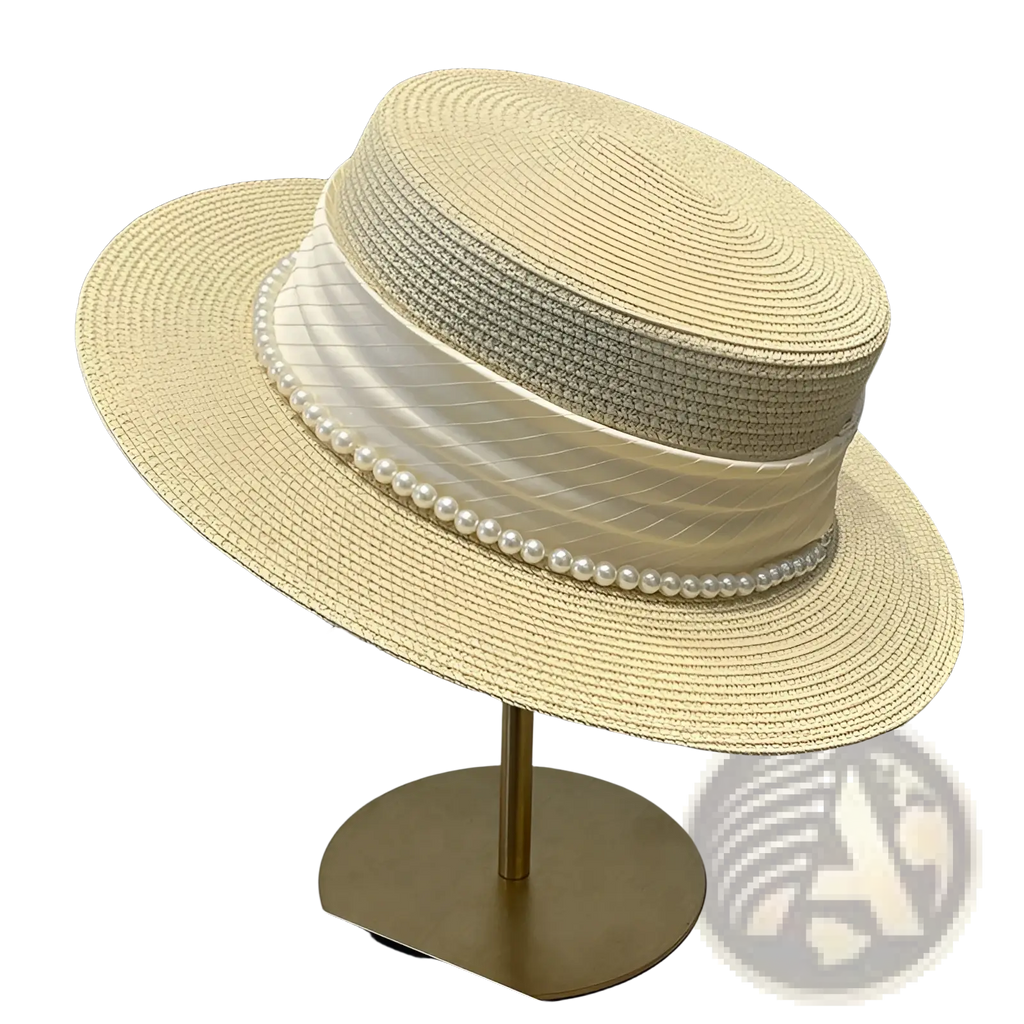 Beige straw sun hat for children with wide brim cream satin ribbon and pearl bead detailing pearl bow straw sun hat
