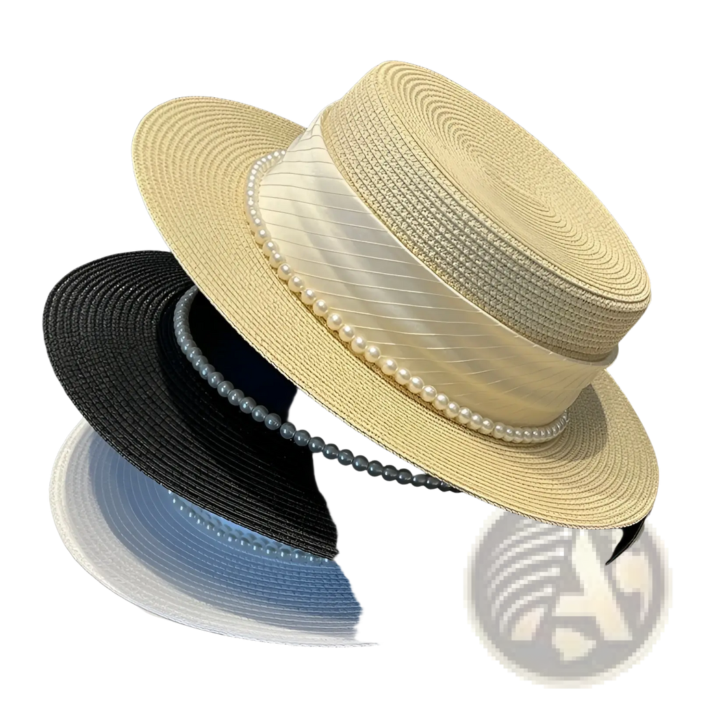 Beige straw Pearl Bow sun hat for children with cream satin ribbon and white pearls around the brim