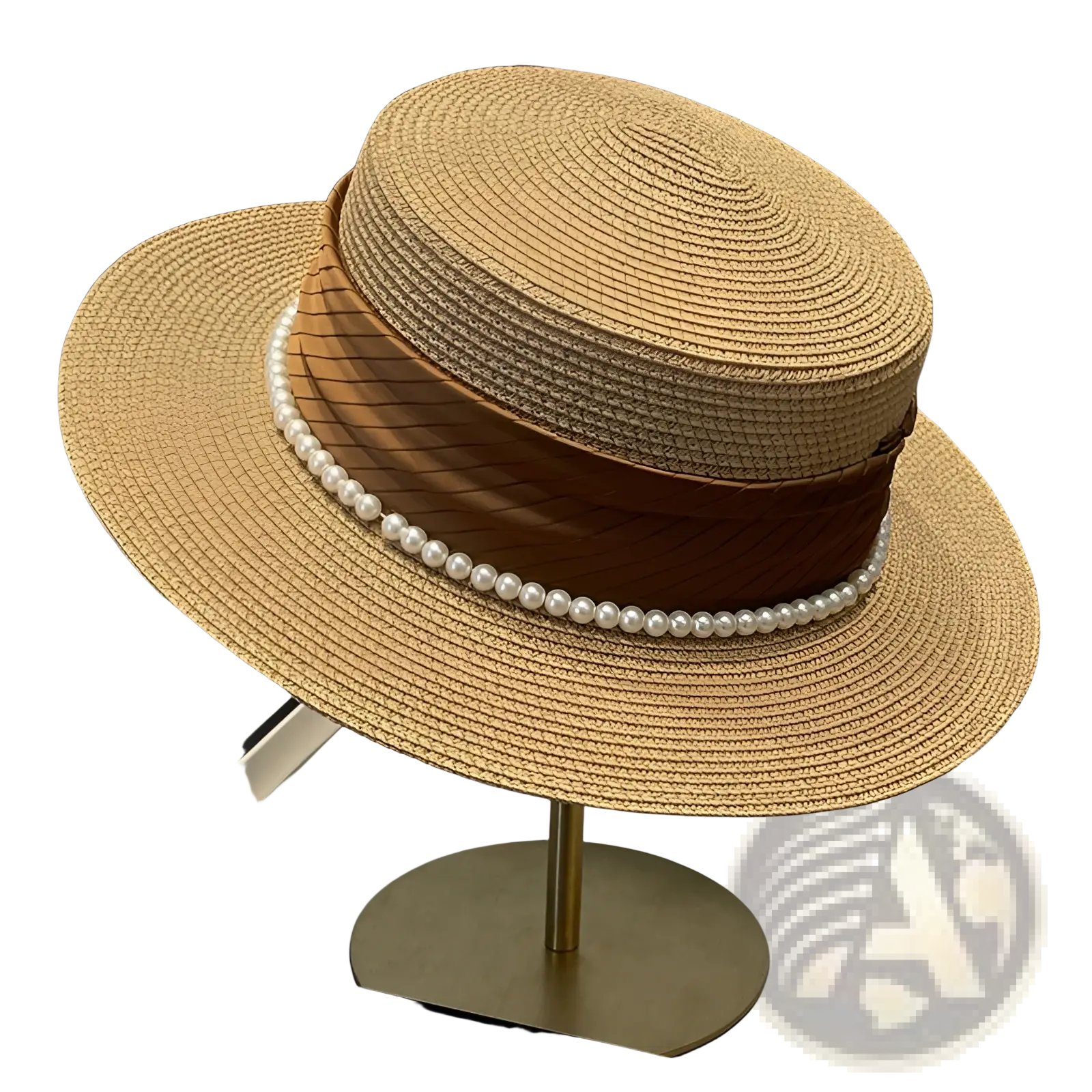 Beige straw sun hat for children with a brown satin ribbon and white pearls around the brim