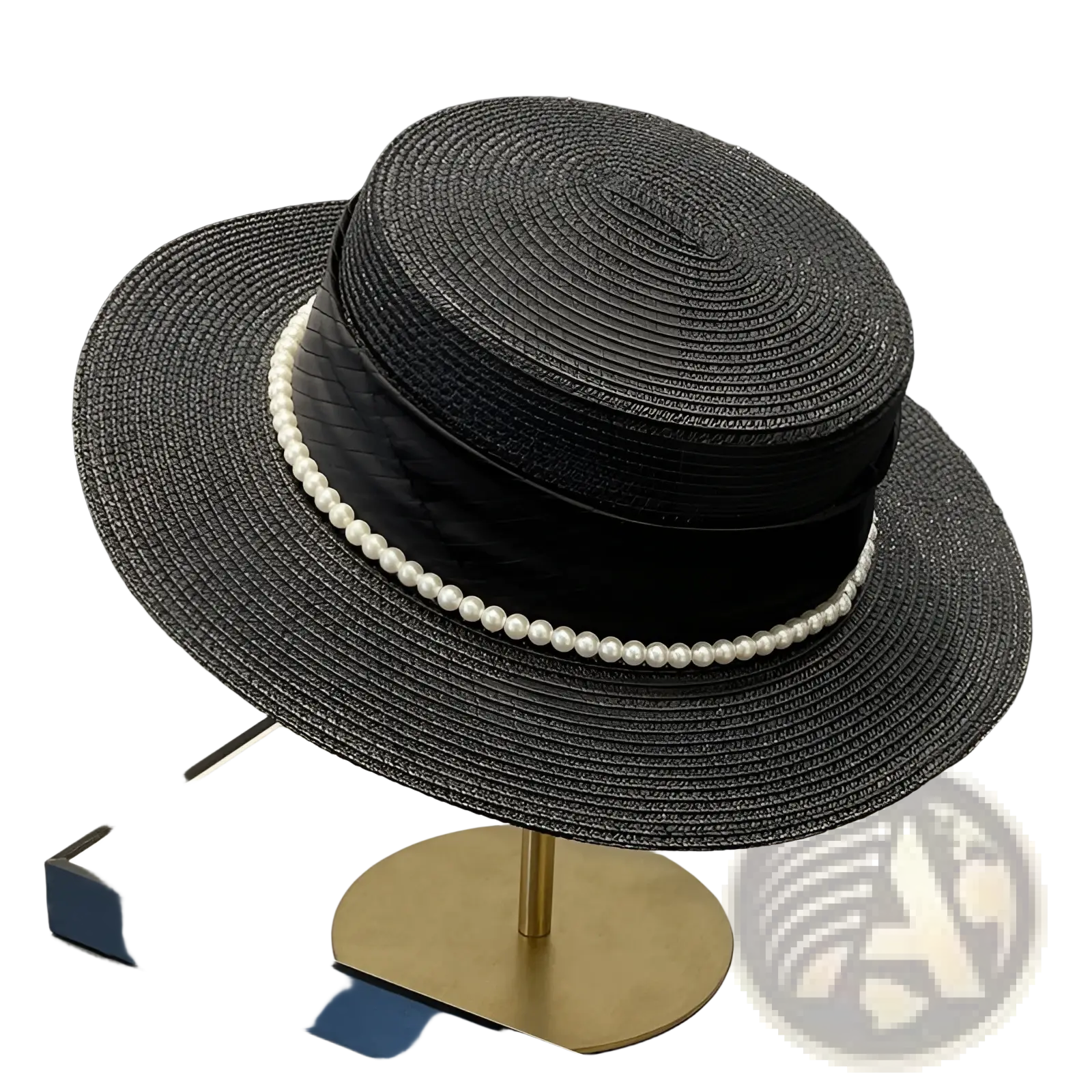Black straw sun hat for children with a wide brim, black satin ribbon, and white pearl strand decoration