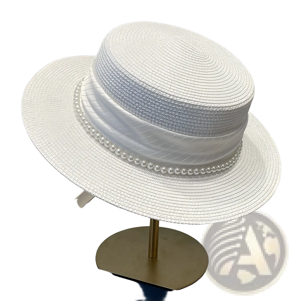 Elegant white straw sun hat for children with a wide brim and decorative pearl-embellished satin band