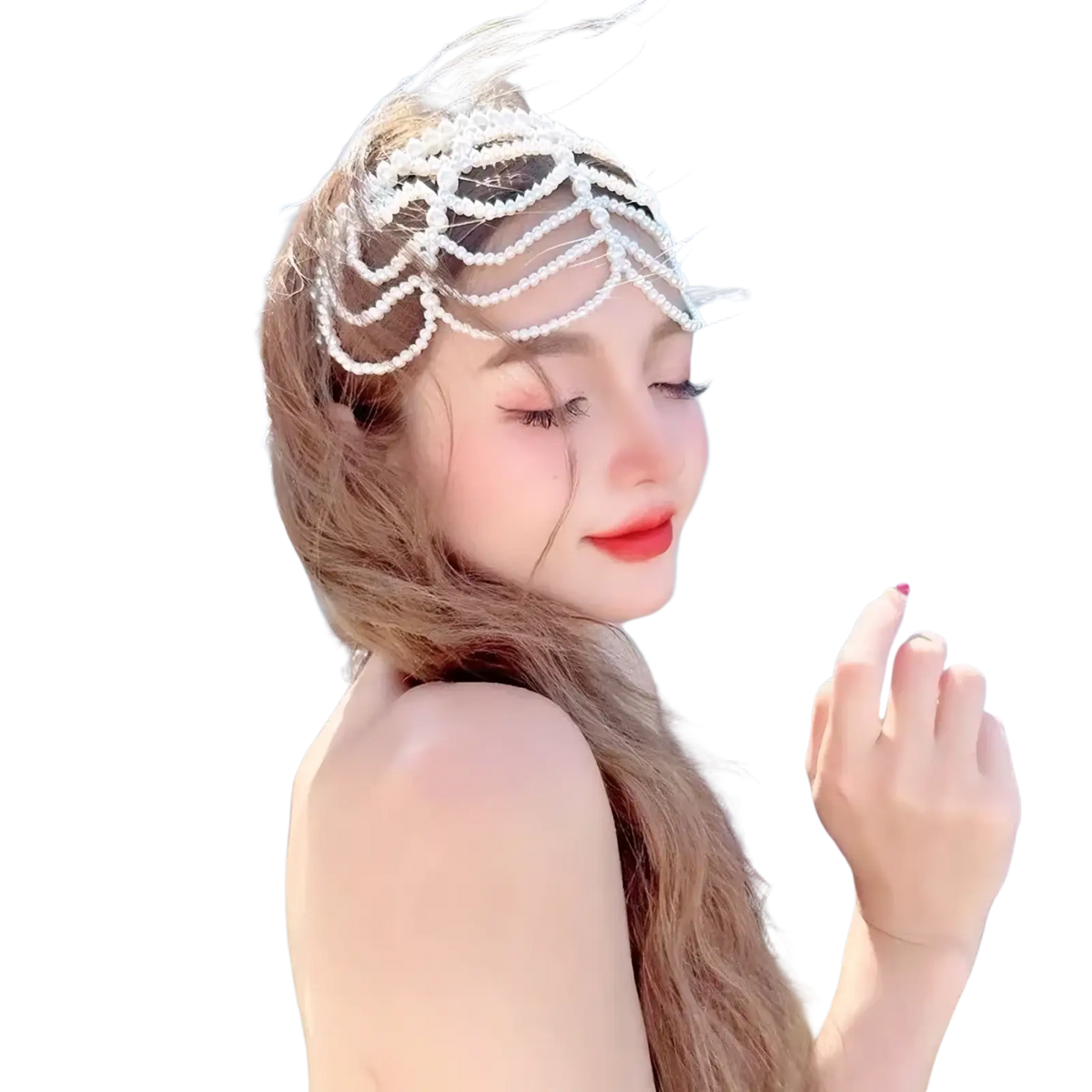 Pearl bridal crown hair band with delicate white pearl and cascading beadwork draping across forehead and temples