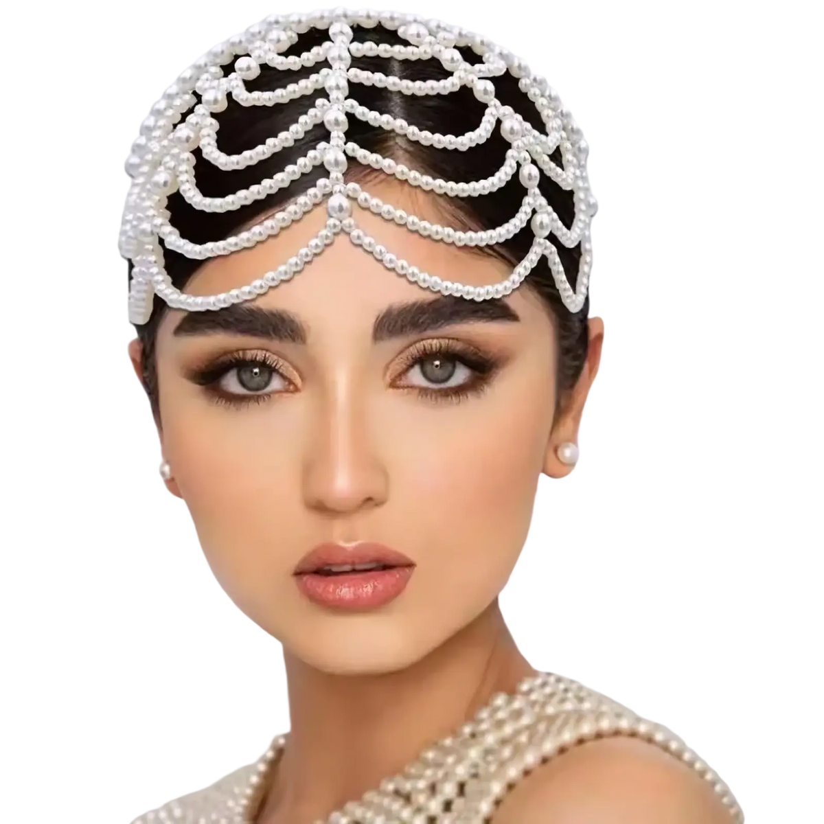 A delicate white pearl bridal crown hair band with intricate cascading rows of tiny beads and elegant tassels
