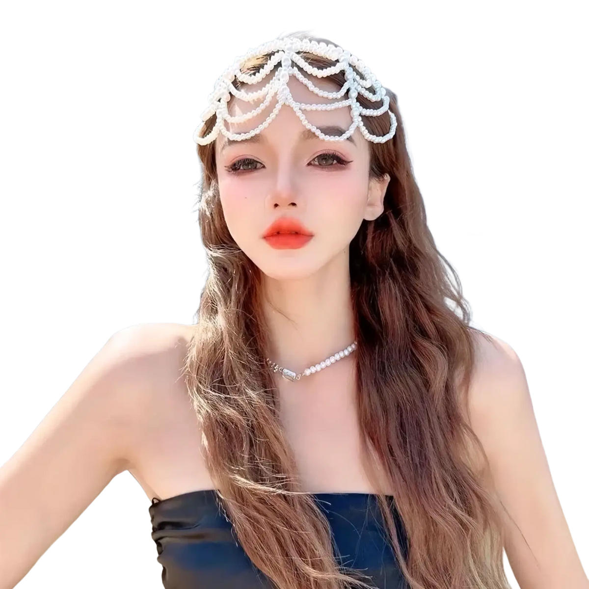 A delicate white pearl bridal crown hair band with intricate cascading beadwork forming an elegant tassel headpiece