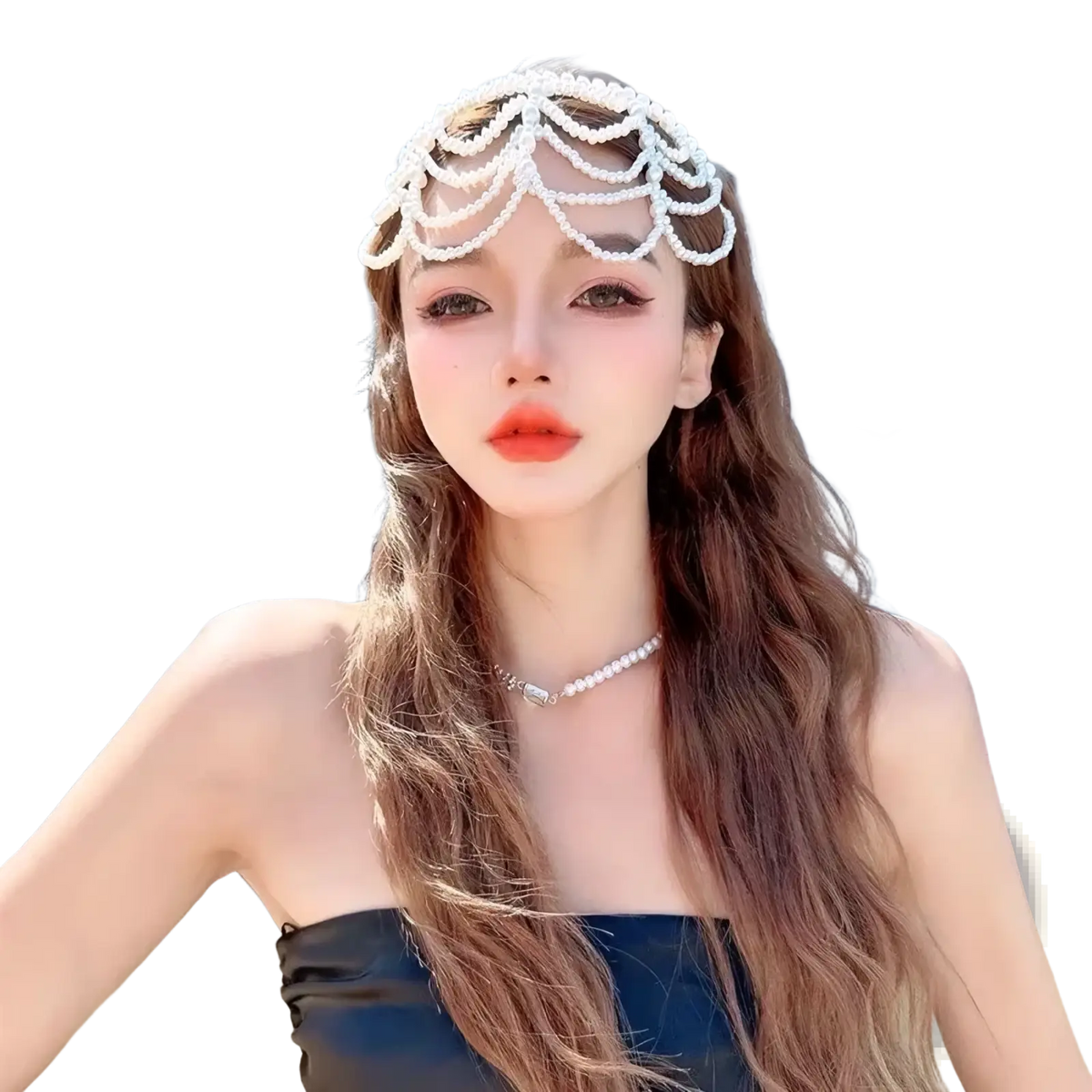 A delicate white pearl bridal crown hair band with intricate cascading beadwork forming an elegant tassel headpiece