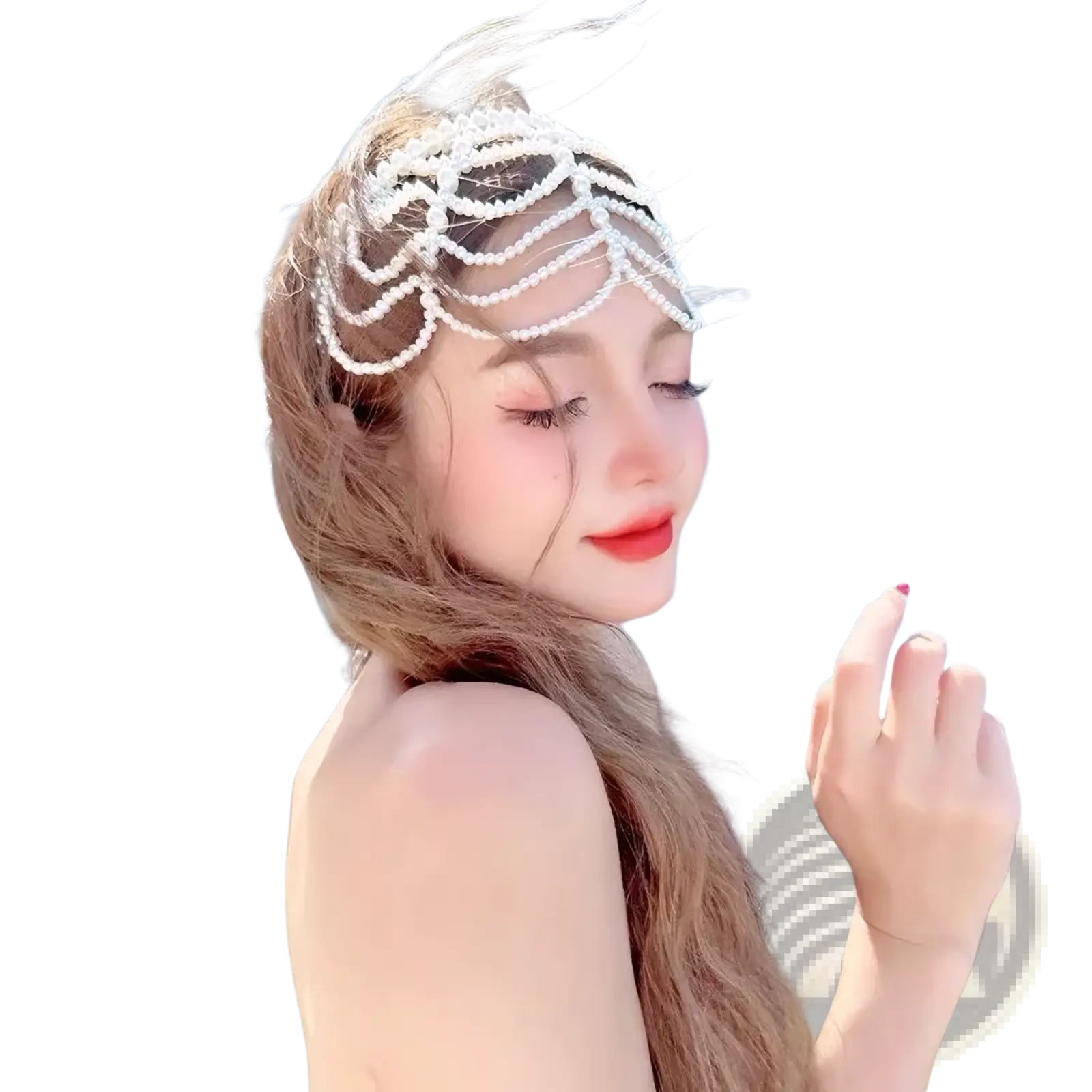 Pearl bridal crown hair band with delicate white pearl and cascading beadwork draping across forehead and temples