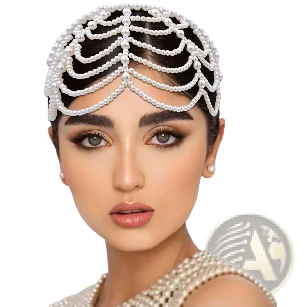 A delicate white pearl bridal crown hair band with intricate cascading rows of tiny beads and elegant tassels
