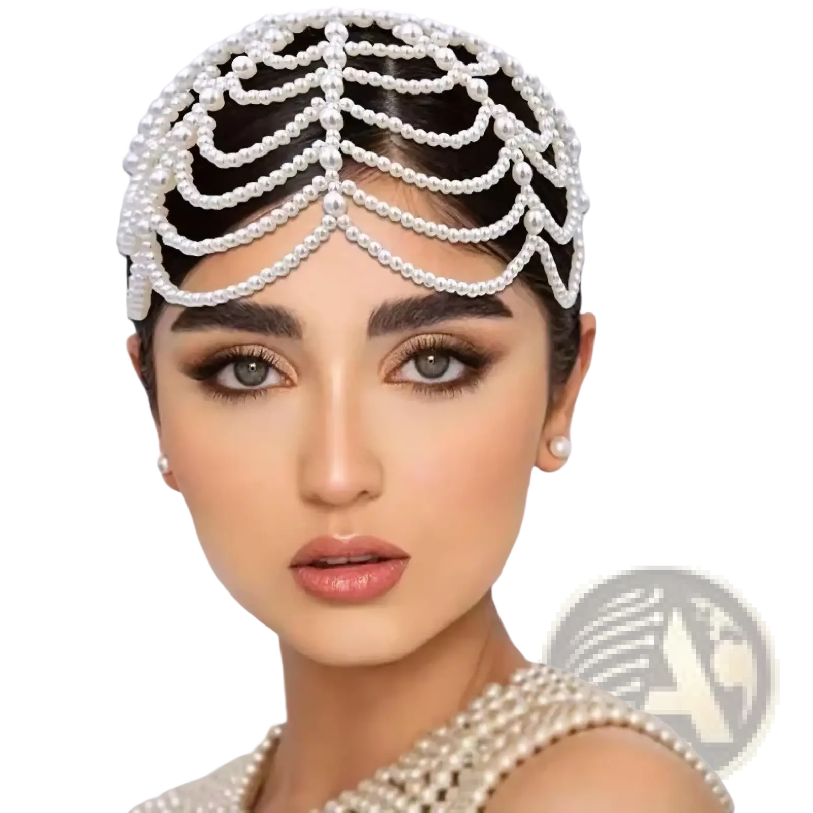 A delicate white pearl bridal crown hair band with intricate cascading rows of tiny beads and elegant tassels
